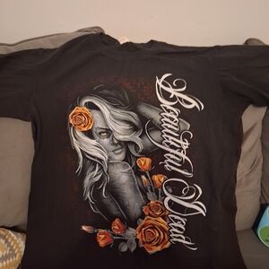 Black Graphic Tee with Orange Rose  Day Of The Dead Design